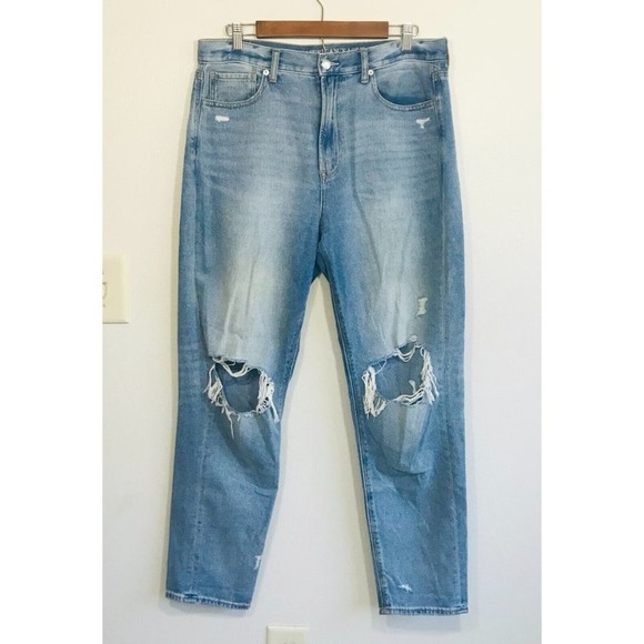 American Eagle Blue Mom Jeans Medium Wash Distressed Knees Tapered, 12 Long - Picture 1 of 10
